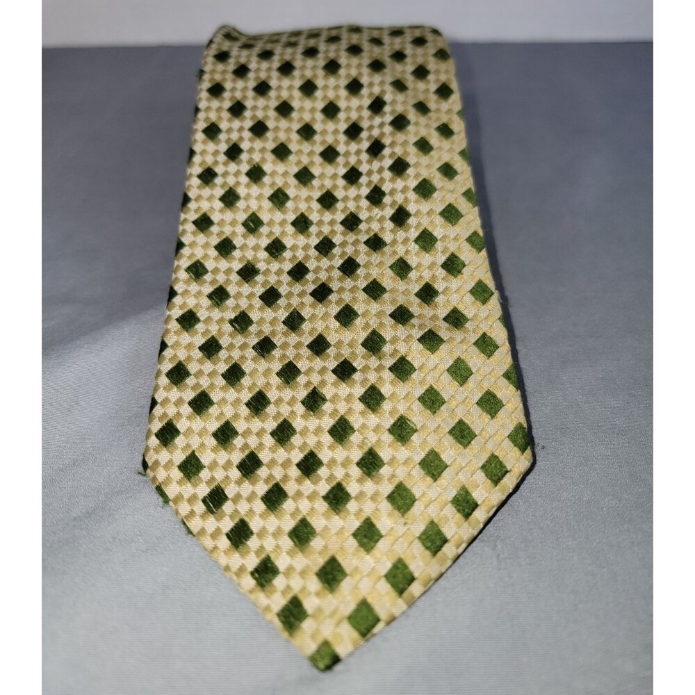 Vintage Interpool Men’s Necktie Green Cream Geometric Check Polyester 80s 90s